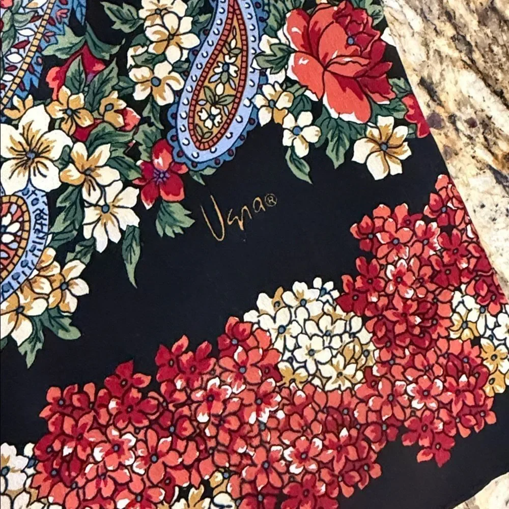 Vera Floral Paisley Hand Rolled Silk Feel Oblong Scarf Black 11 x 52